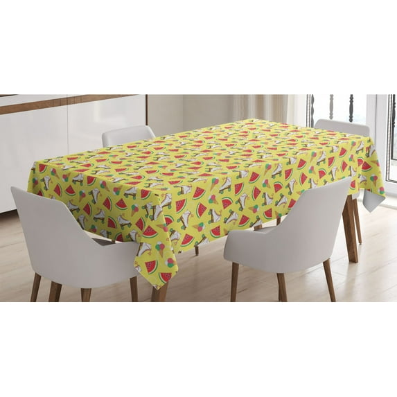 Summer Tablecloth, Pattern with Watermelon Slices Roller Skates and Ice Cream, Rectangle Satin Table Cover Accent for Dining Room and Kitchen, 52" X 70", Pastel Yellow Multicolor, by Ambesonne