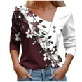 thumbnail image 2 of HOMBOM Womens T-Shirts Turn down Collar Fall Long Sleeve V-Neck Wine Tops Floral for Ladies Classic Fit, 2 of 5