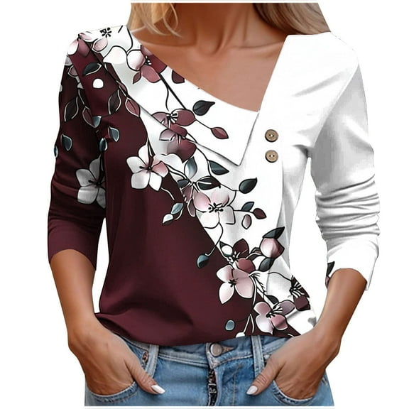 Uootdi Long Sleeve Shirts for Women Floral Print Asymmetrical V Neck Fall Tops Gift Retro Button T-Shirt Loose Fit Dressy Work Clo