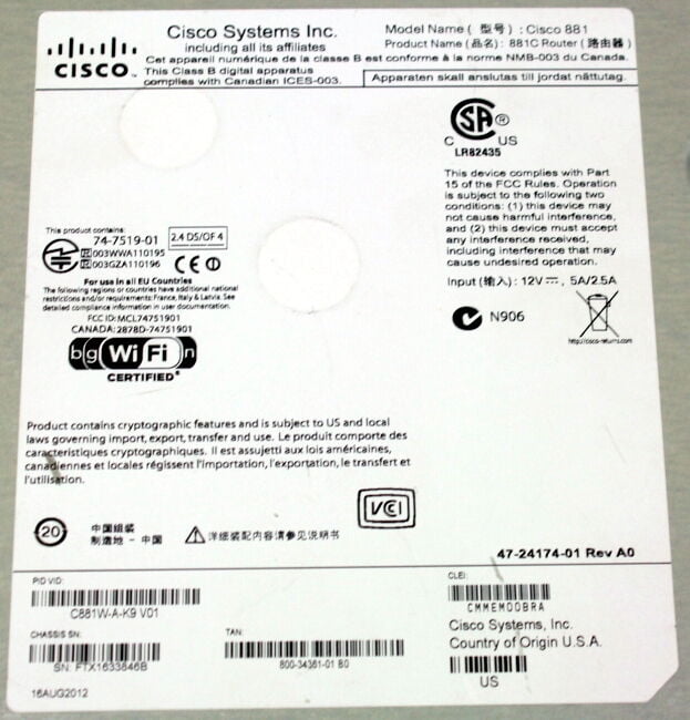 Pre-Owned Cisco 881 C881W-A-K9 Wireless Security Router