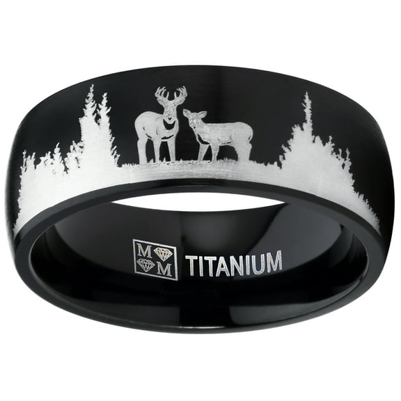 Metal Masters Mens Black Outdoor Hunting Titanium Ring Wedding Band Laser Etched Deer Stag Scene 10.5