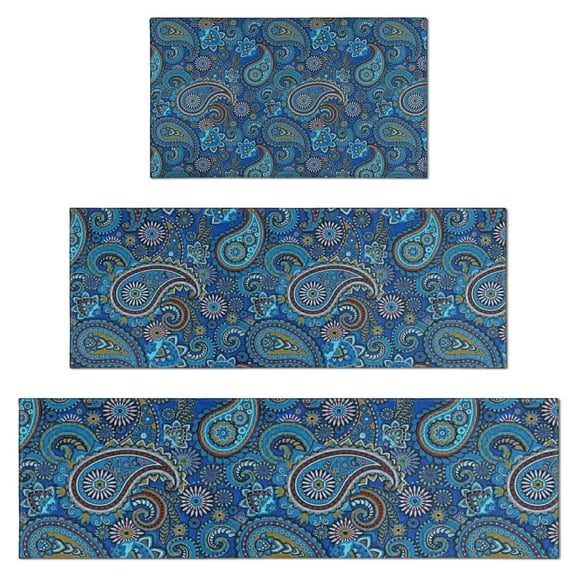 Blue Paisley Pattern Kitchen Rugs Sets Of 3,Kitchen Runner Rugs Non Skid Washable,Decorative Kitchen Floor Mats for Kitchen,Sink,Laundry,17"x30" 17"x47" 17"x59"