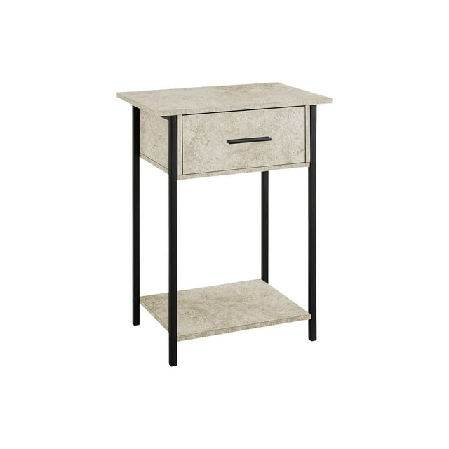 Contemporary small two-tier end table with dark bronze laminate top and shelf, black metal legs, and a single storage drawer.
