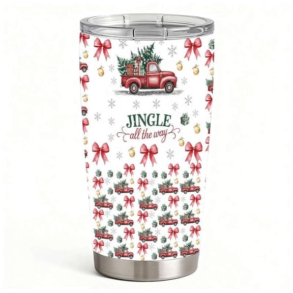 Cute Christmas Truck & Pink Bow Pattern Tumbler with Lid, Snowflake Holiday Design, Insulated Stainless Steel Mug