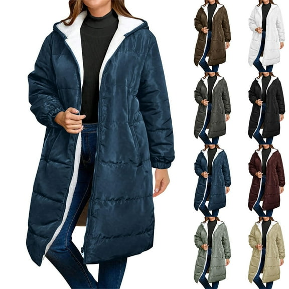 jtjvou Womens Winter Long Coats Trendy Puffer Jacket Fleece Lined Down Coat Long Sleeve Parka Oversized with Hood Black L