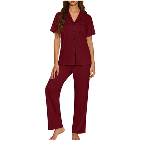 Hurxie Pajamas for Women Set Button Up Sleepswear 2 Piece Short Sleeve PJ Top and Long Pants Loungwear With Pocket Wine S