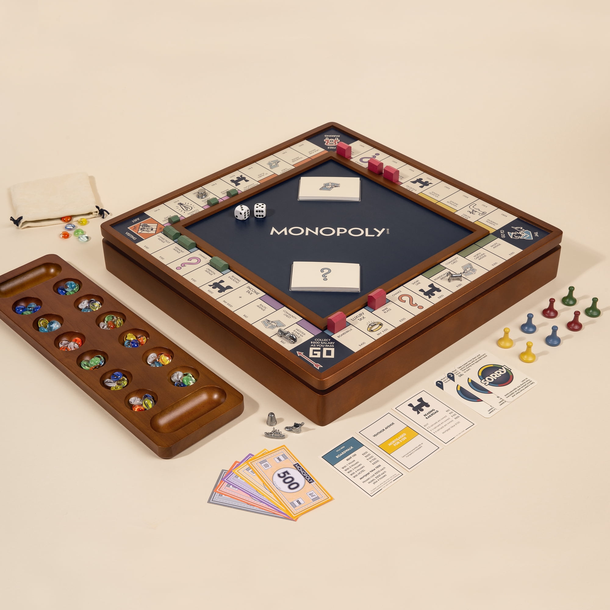 WS Game Company 3-in-1 Premium Game Collection: Monopoly, Sorry!, and Mancala with Solid Wood Cabinet
