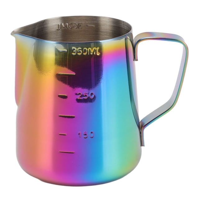 Jarra para espumar leche de doble escala Taza para espumar leche de acero inoxidable 304 Jarra humeante para café con leche para arte latte 350ML Colorida