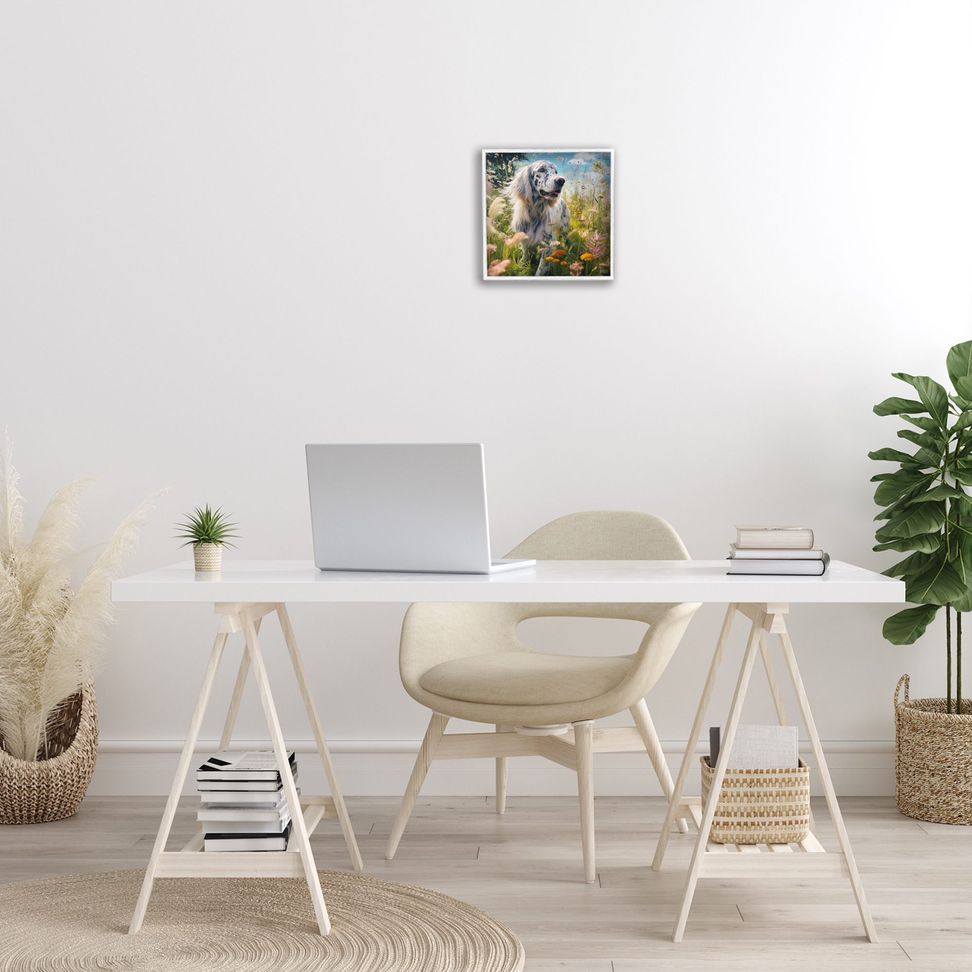 Stupell Industries Happy Dog Among Flowers Landscape Painting White Framed Art Print Wall Art, 12 x 12