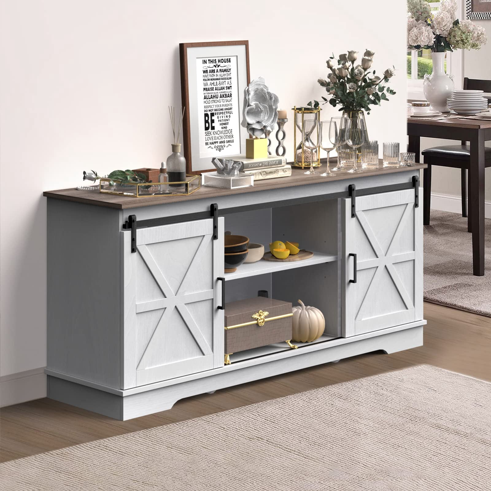 DEXTRUS Buffet Cabinet, 59" Farmhouse Coffee Bar Sideboard Storage Cabinet with Sliding Barn Doors for Kitchen, Living Room