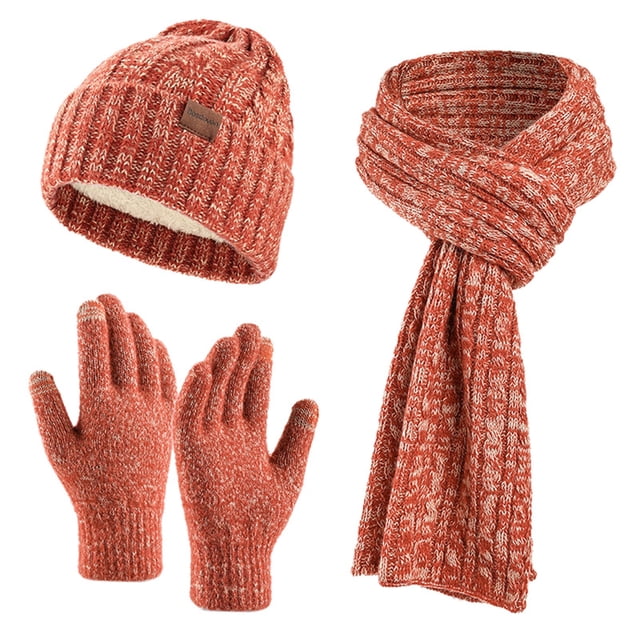 MIASHUI Winter Unisex Neck Scarf Knit Hat Thick Cold Protection Knit Gloves Hat and Scarf Warm Three-Piece Set Red
