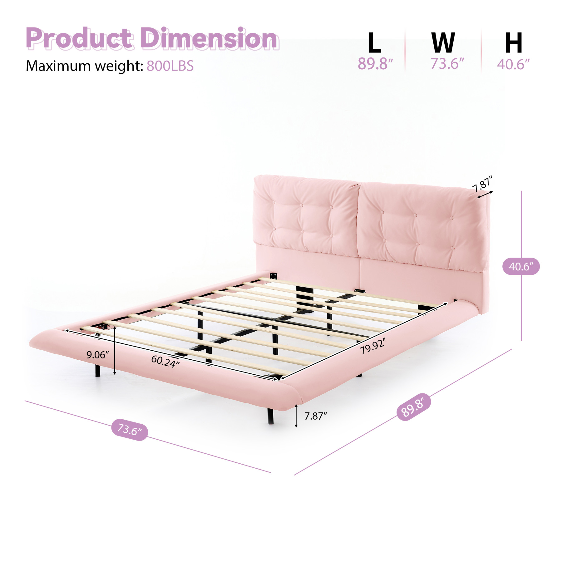 Queen Size Floating Bed Frame with LED Lights, Upholstered Platform Bed with Button Tufted Headboard, No Box Spring Needed, Easy Assembly, Pink