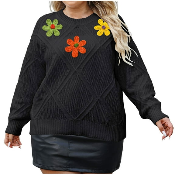 XPMWRP Women's Flower Plus Size Winter Warm Sweater Crew Neck Long Sleeve Casual Loose Fall Cable Knit Oversized Pullover Tops Black XXL