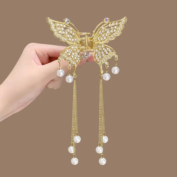 Mightlink Women Hair Claw Butterflies Decor Long Fringe Faux Pearls Hair Clips Girls Hairstyles Hair Decoration 1Pc