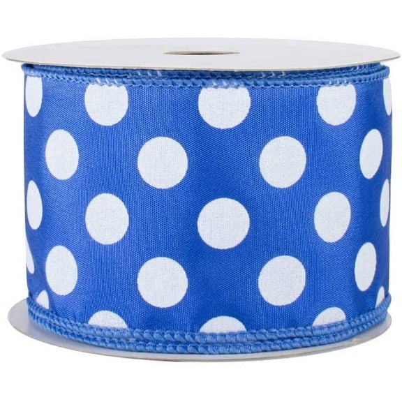 Royal Polka Dots Wired Ribbon - 2 1/2" x 10 Yards, 4th of July, America 250, White Dots on Royal Blue Faux Satin Ribbon, Birthday, Wreath Decor, Garland, Swag, Bows, Veterans Day, School Graduation