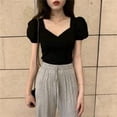 thumbnail image 2 of Camisa de mujer Blusa corta con cuello en V y manga corta con cuello en V Blusa informal con camiseta, Negro, L Scienceny  AP001254-03B, 2 of 7