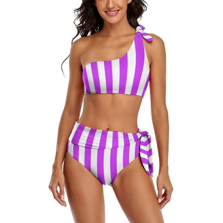 Aesthetic Purple And White Vertical One Shoulder Bowknot Swimsuit Two Piece Swimsuit Knot Crop Top Bikini High Waisted Bathing Suit