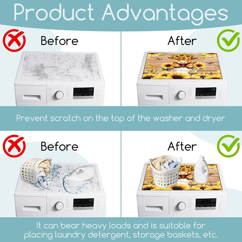 Highland Cattle Washer Dryer Dust Cover 23.6×19.7inch Sunflowers Cute Calf Washing Machine Top Protector Pads Non Slip Washing Machine Top Covers DIY