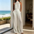 thumbnail image 6 of Quixlent Women's Summer Jumpsuit, Halter High Neck Sleeveless Chiffon Wide Leg Rompers, Smocked Waist Backless Vacation One Piece Outfits, 6 of 8