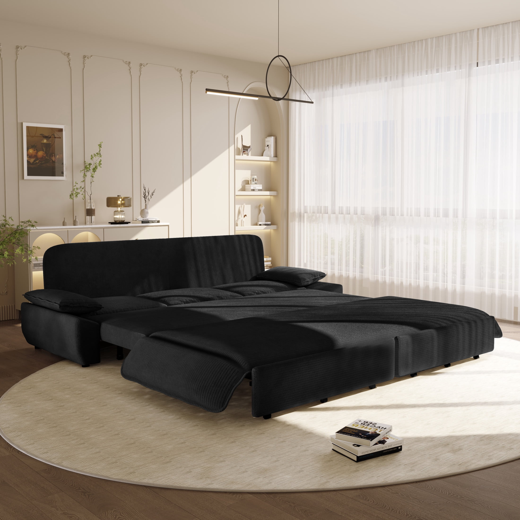 Noble House Genrix Corduroy Convertible Sleeper Sofa Bed, Multifunctional 3-in-1 Pull Out King Couch, Black