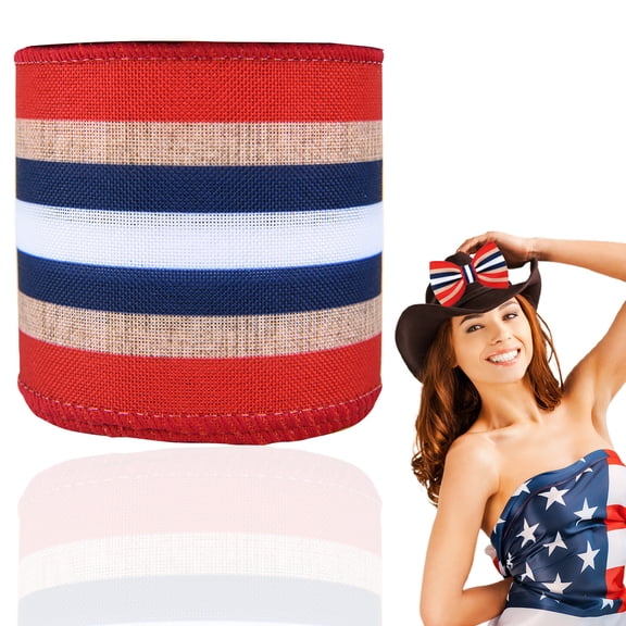 Patriotic Wired Edge Burlap Ribbon, Red White Blue Stars and Stripes Linen 4th of July Ribbon, America Anniversary Ribbon for Independence Day, Memorial Day, DIY Bows, Wreaths, Gift Wrapping