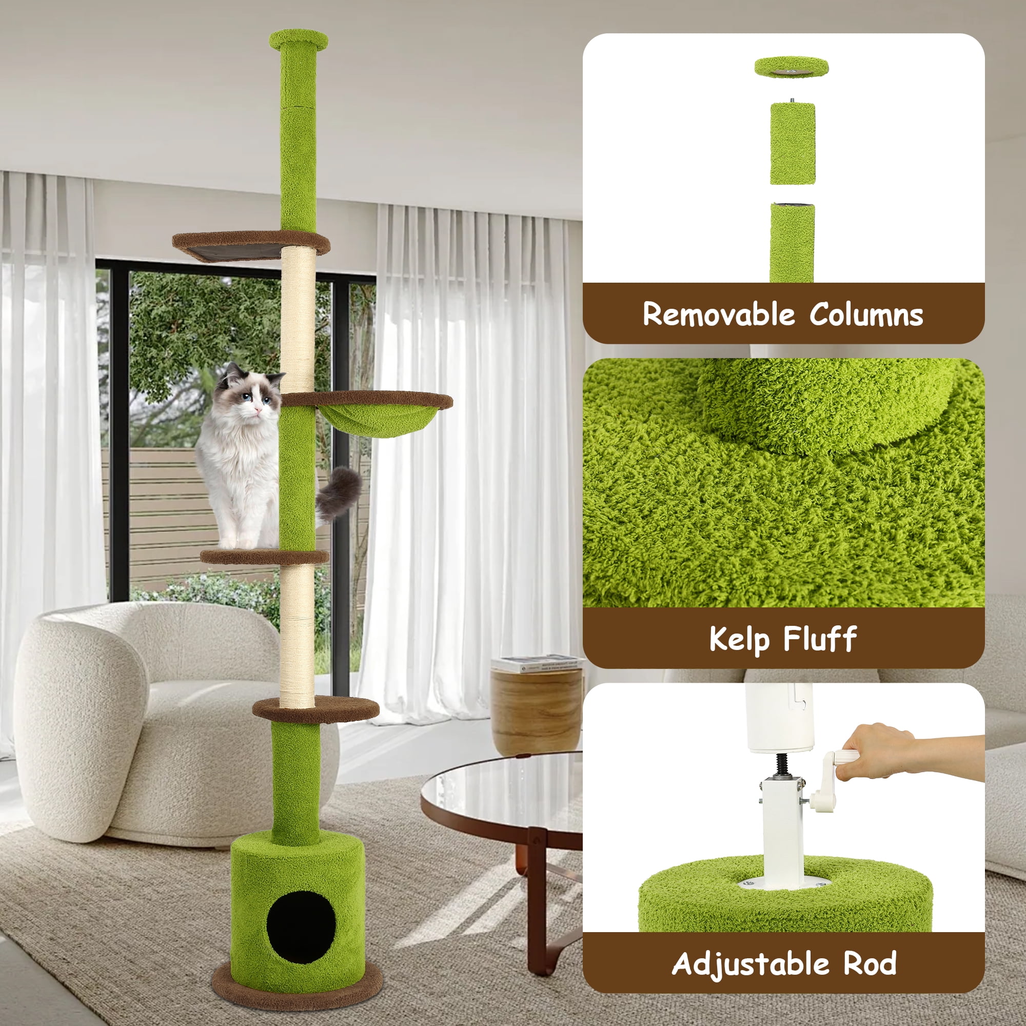 LHBCraft Floor to Ceiling Cat Tree, Cat Tower 5-Tier Height(88-107 Inches) Adjustable, Tall Cat Climbing Tower with Scratching Post, Cat Cave Condo, Cozy Hammock and Ball Toy for Indoor Cats