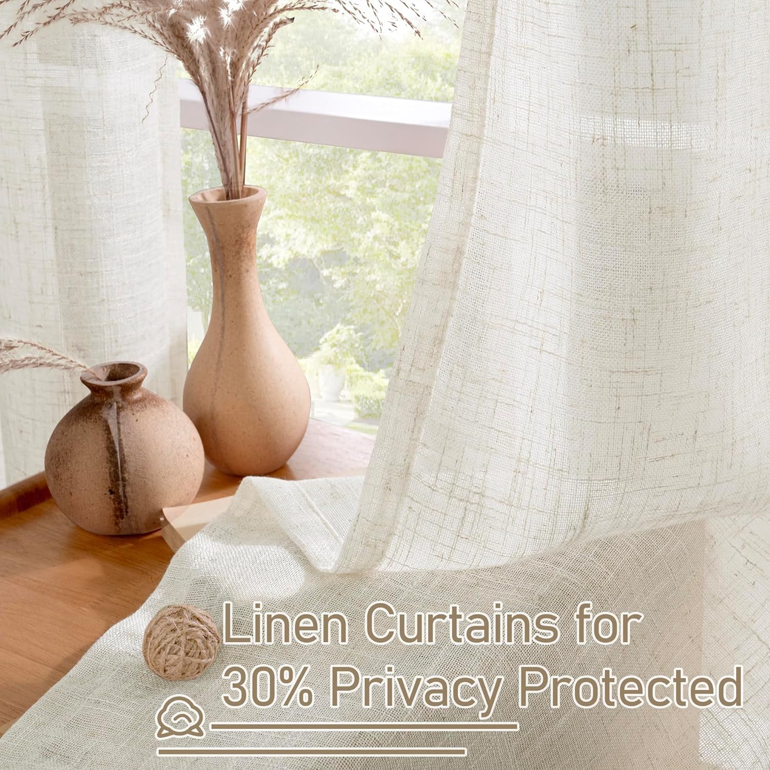 Natural Ivory Linen Semi Sheer Curtains, Cream Light Filtering Soft Thick Neutral Drapes with Bronze Grommet, 2 Panels