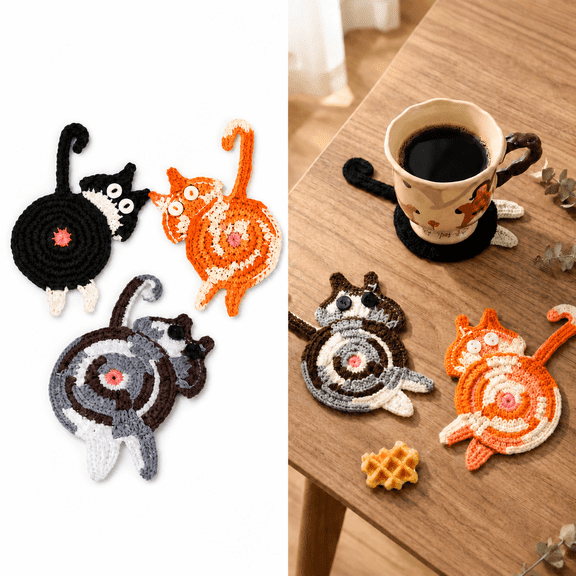 3PCS cat coasters, Cute Woven Absorbent Non-Slip Drink Coasters, Heat Insulation for Coffee & Tea, Cat Decor for Desk, Cat Lover Gifts for Women