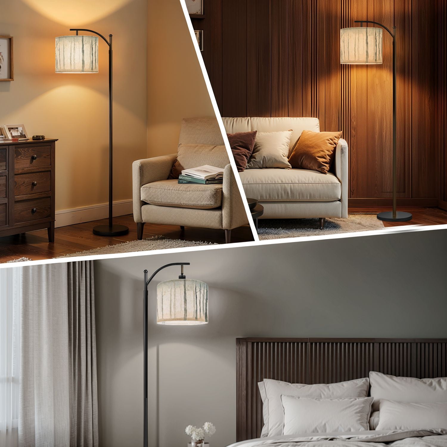 Arc Floor Lamp, 3 Color Temperatures Modern Floor Lamps Mysterious Birch Tree Taupe Adjustable Tall Standing Reading Lamp with Linen Texture Shade for Living Room, Bedroom, Office
