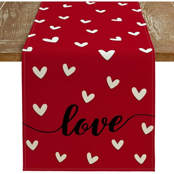 Valentines Day Table Runner 36x13 Inches Love Heart Red Table Decor, Burlap Farmhouse Indoor Outdoor Holiday Anniversary Decoration for Home Party AT057-36