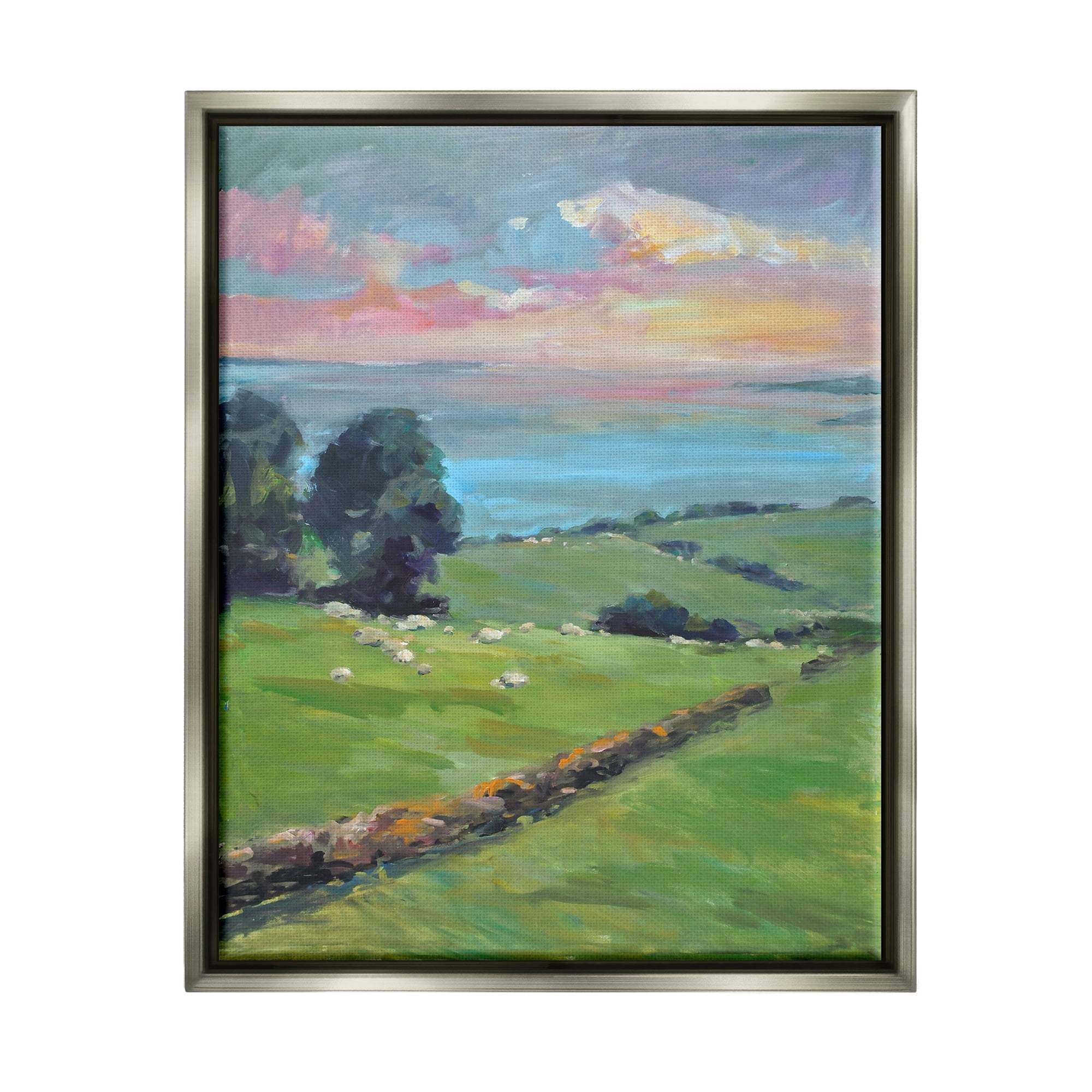 Stupell Industries Country Rural Grasslands Striking Pink Sunset Sky Painting Luster Gray Floating Framed Canvas Print Wall Art, Design by Allayn Stevens