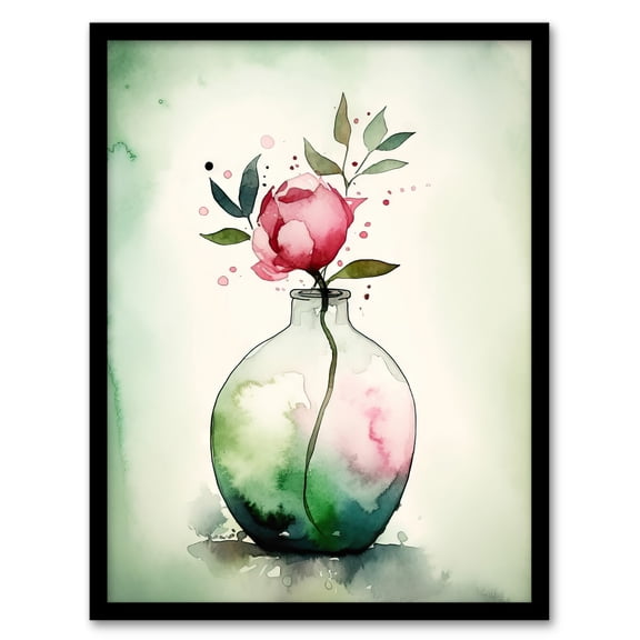 A Single Rose In A Glass Vase Watercolour Painting Green Pink Valentines Day Flower Romance Nature Colourful Bright Floral Modern Artwork Art Print Framed Poster Wall Decor 12x16 inch