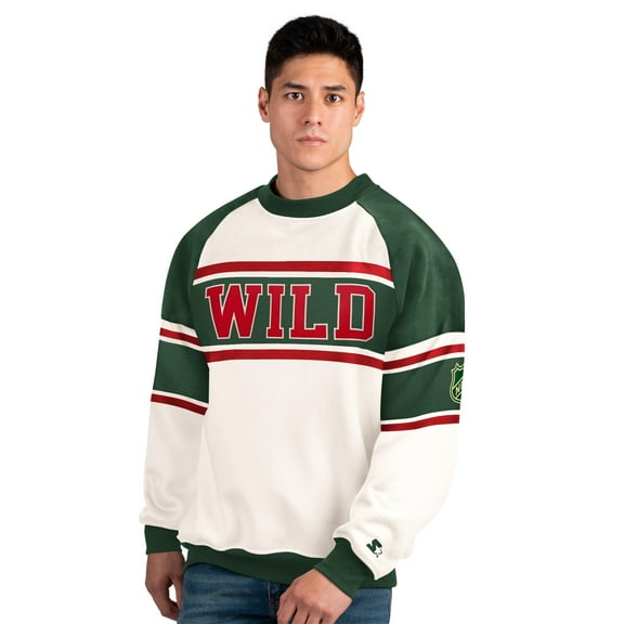 Men's Starter White Minnesota Wild Defense Fleece Crewneck Sweatshirt