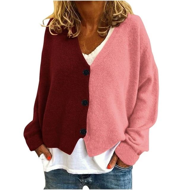Jgppe Drop Shoulder Cardigan for Women Cute Color Block Long Sleeve Button Front Sweater Tops