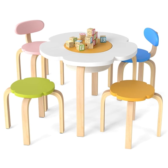Costway Flower-shaped Children Table Set with 2 Colorful Chairs & Stools for Arts & Crafts Multicolor