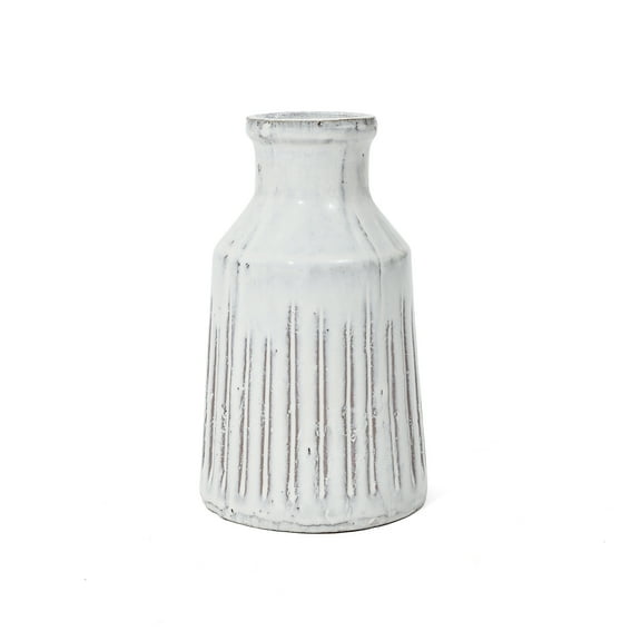 LuxenHome Vintage White Ribbed Terracotta Round Vase