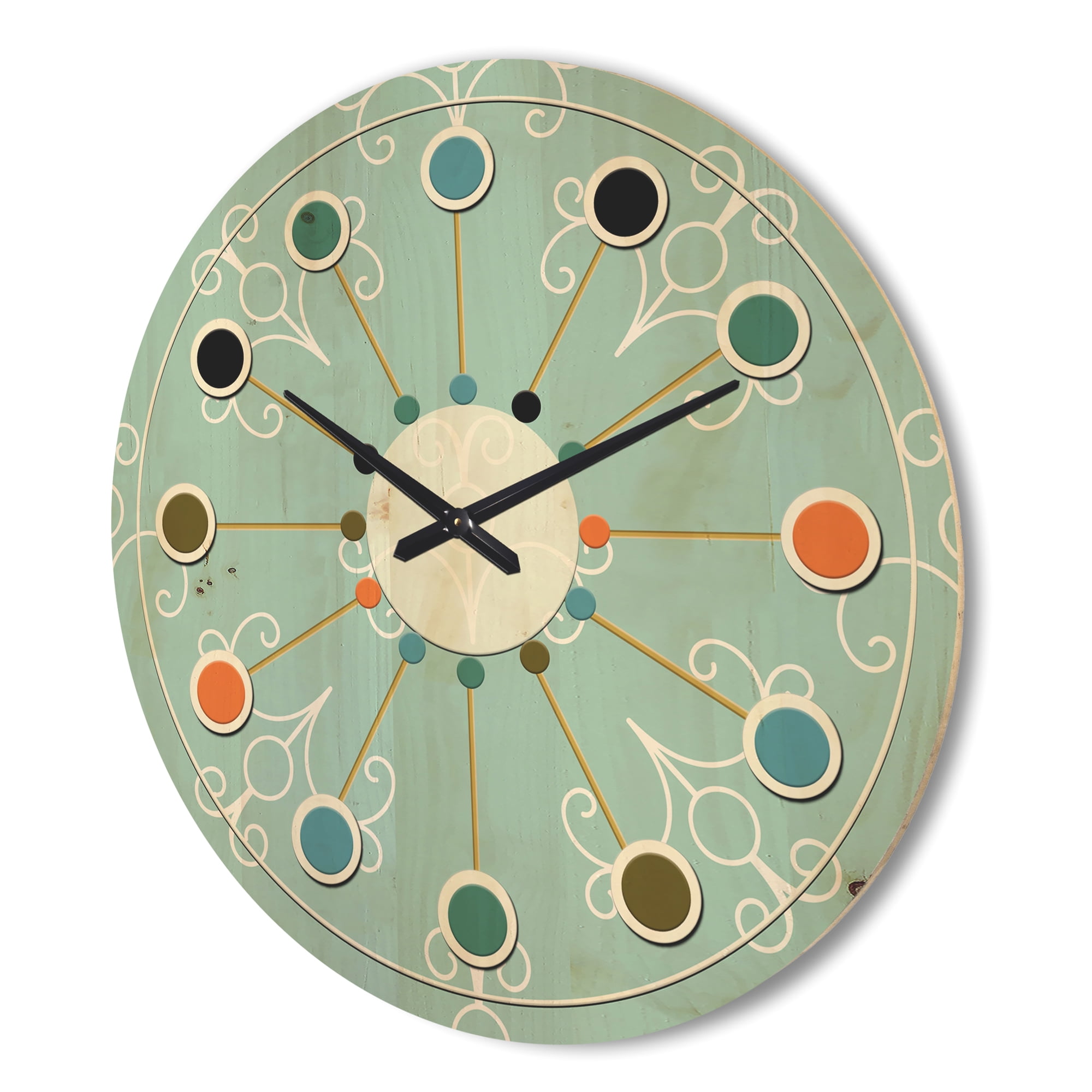 Designart 'Minimal Turquoise Ornament' Mid-Century Modern Wood Wall Clock