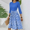 thumbnail image 4 of WTOBBY Women's Fashion Floral Print Belted Round Neck 3/4 Sleeve Dress, Casual Flowy Midi Sundress with Feminine Waist Accent,Blue L, 4 of 5