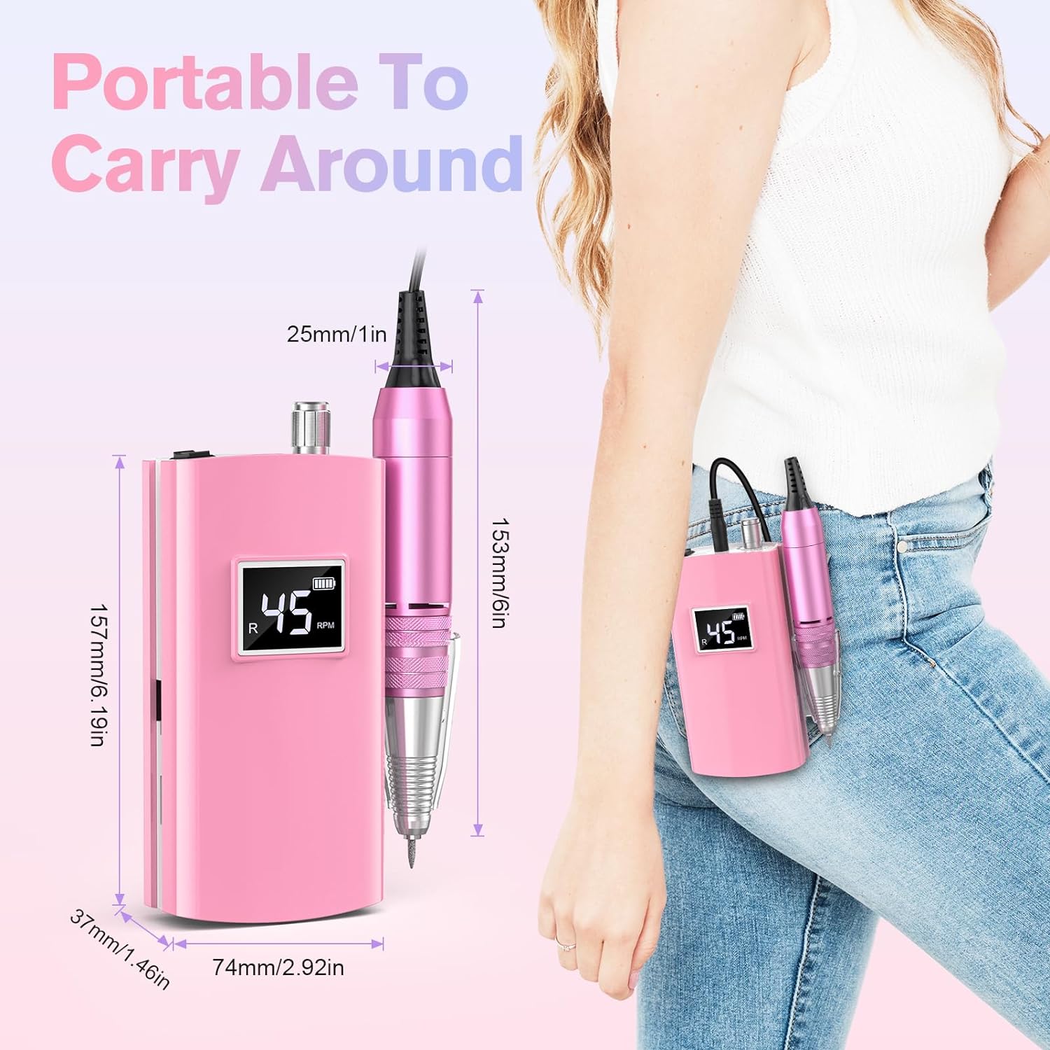 Cordless nail drill 45000RPM portable electric nail file with 11 acrylic and impregnated nail drills with monitor electric nail machine (pink)