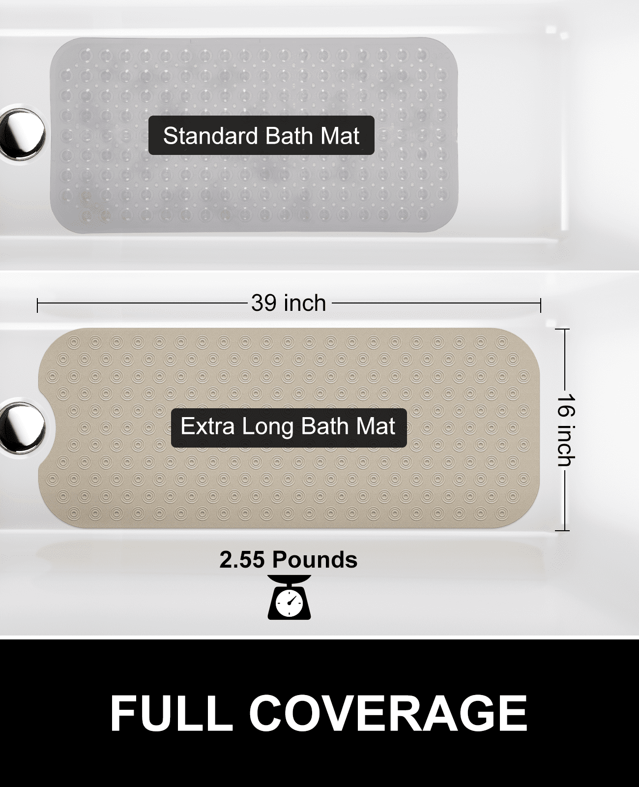 OTHWAY No Suction Cup Bath Mat: 39x16inch Extra Long Bathmat, Machine Washable, Made of Nature Rubber, Protect Your Bathtub (Brown)