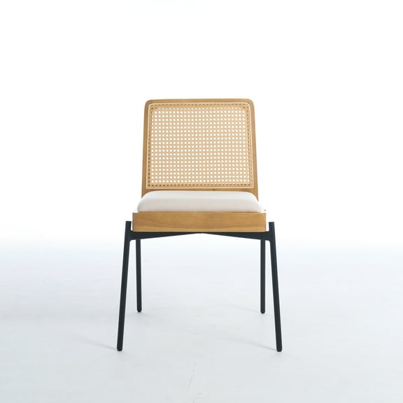 Mid-Century Dining Chairs Set of 2, Accent Linen Fabric Side Chairs with Rattan Backrest Metal Legs Kitchen Chairs for Dining Room Living Room