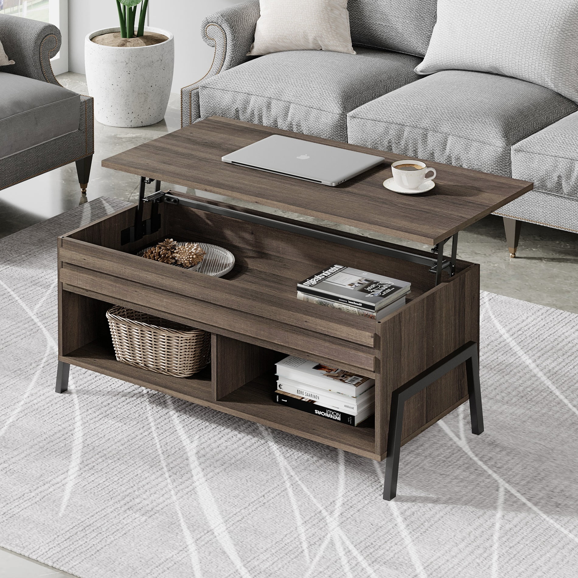 Wampat Mid-Century Modern Wood Rectangle 42" Lift Top Coffee Table, Brown