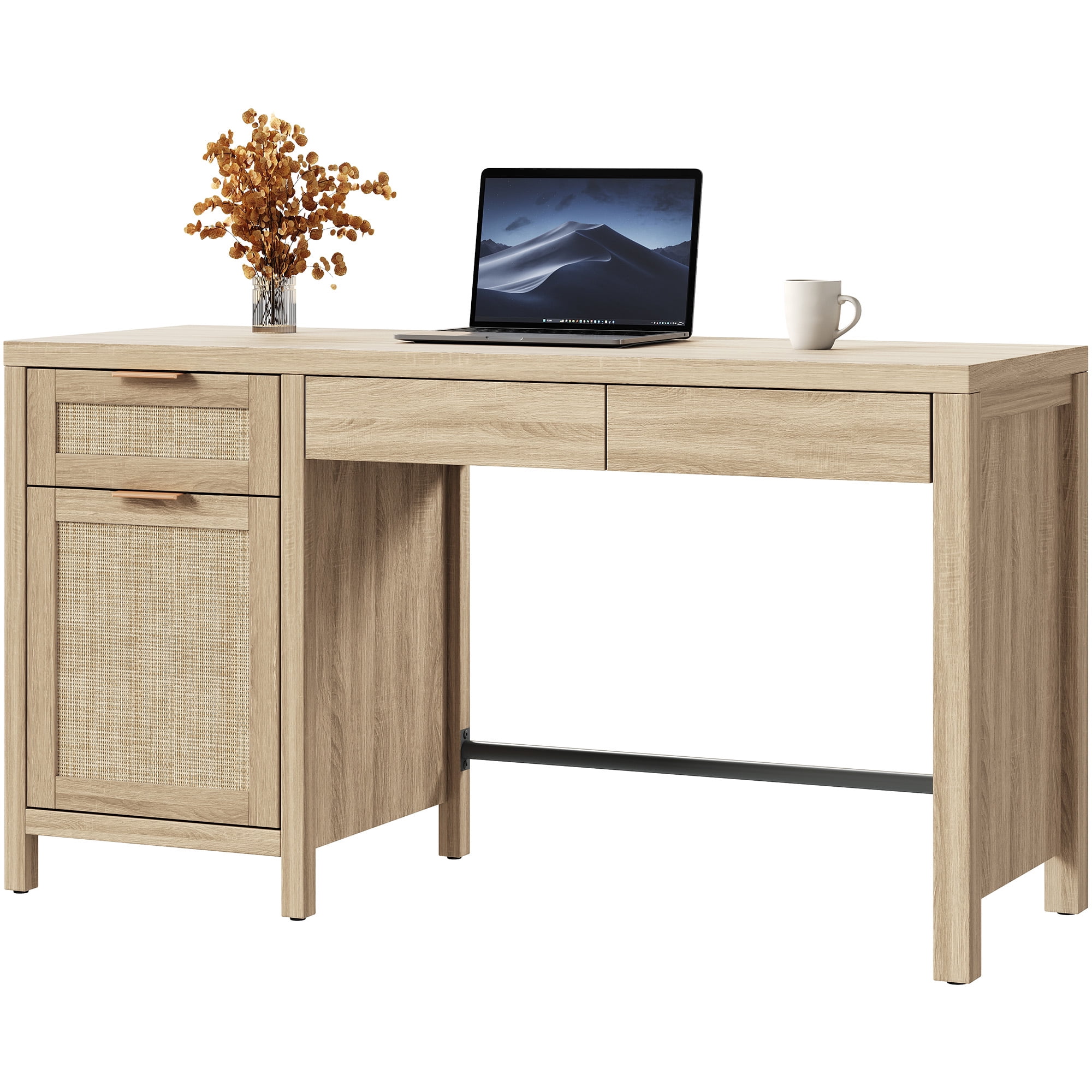 SICOTAS 55" Wide Farmhouse Writing Desk with Rattan Decor & Hidden Drawers–Spacious Desktop for Dual Monitors, Adjustable Shelf, Sturdy Engineered Wood, Boho Style for Home Office or Vanity