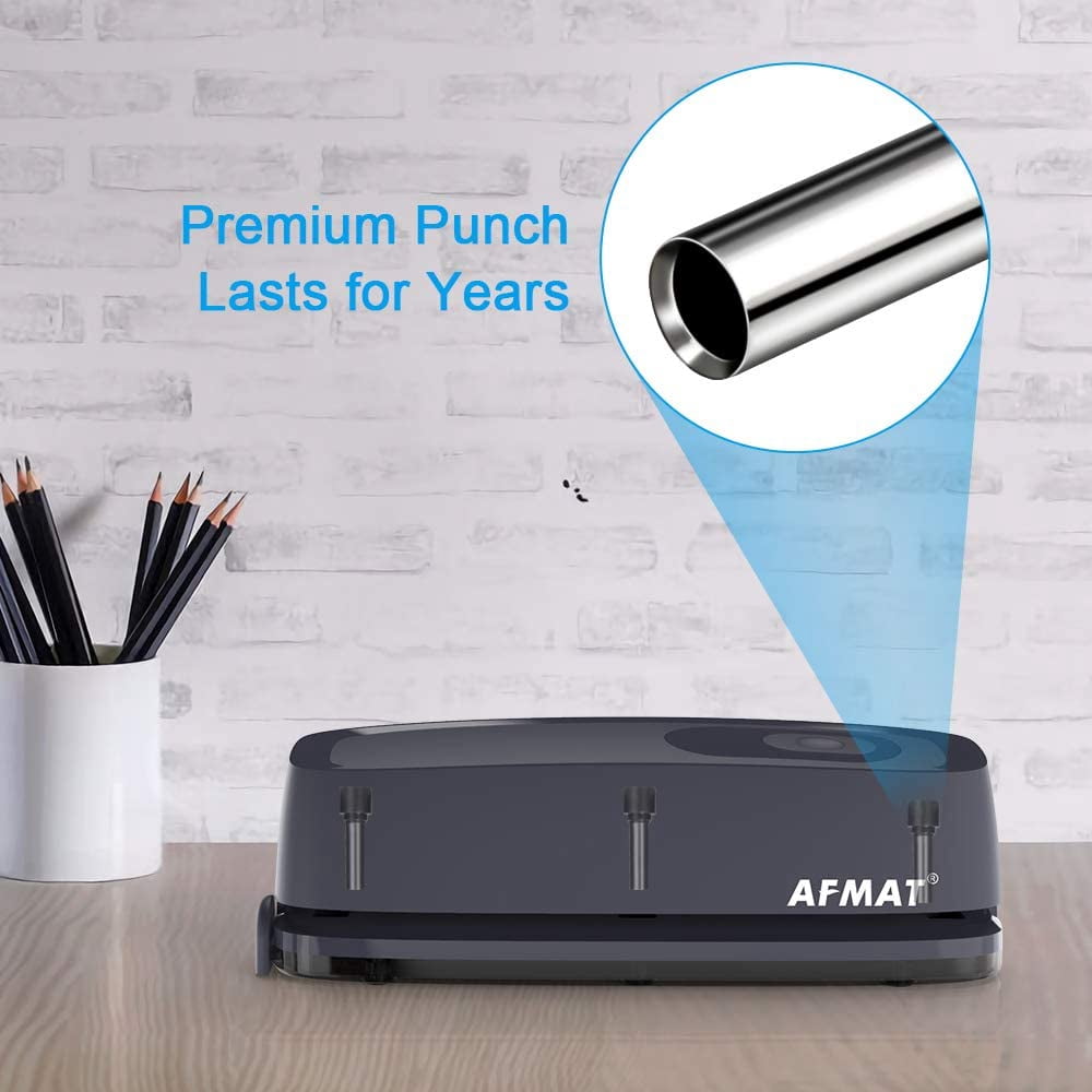 AFMAT 3 Hole Puncher, Electric or Battery Powered Hole Punch, 20 Sheet Capacity, Reduced Effort, Gray
