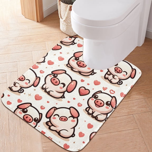 Toilet Rug U-Shaped Bathroom Rugs Non-Slip Soft Plush Machine Washable Contour Bath Mat Cute Pig with Hearts 24x20