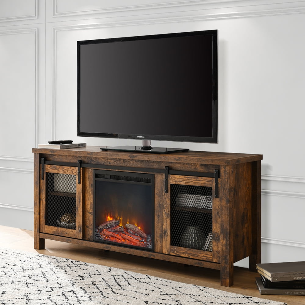 Fireplace TV Stand Sliding Barn Door Wood Entertainment Center with a