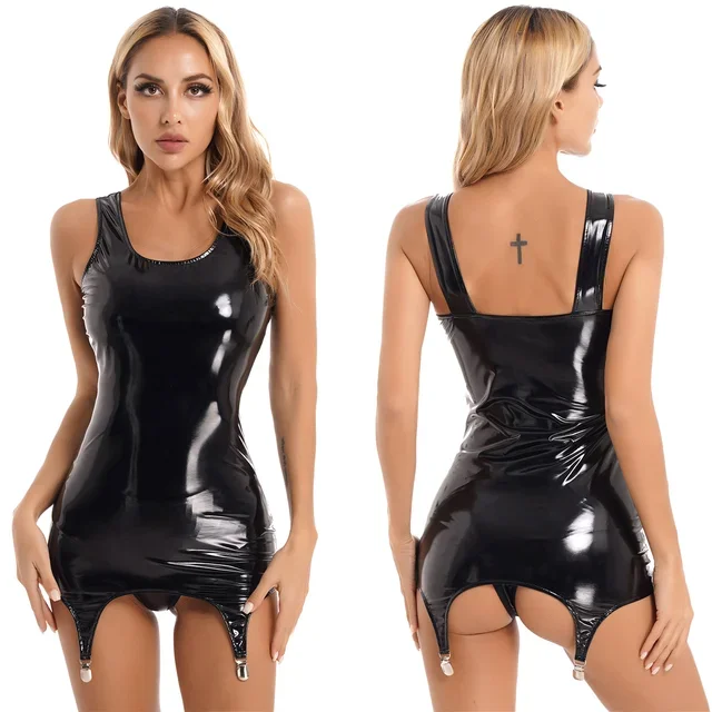 Women PVC Leather Wet Look Bodycon Pencil Package Hips Dress Tank Top Latex Short Miniskirt with Garter Belt