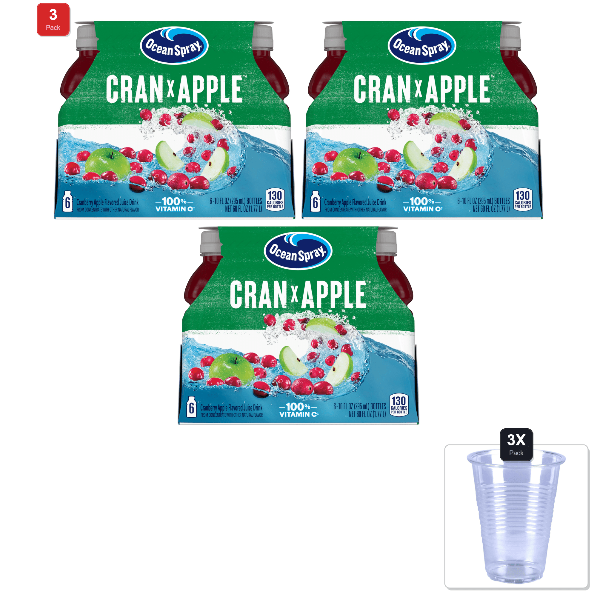 3 Pack | Ocean Spray Cran-Apple Juice Drink, 10 Ounce Bottle (Pack Of 6) & 3x Disposable Cup