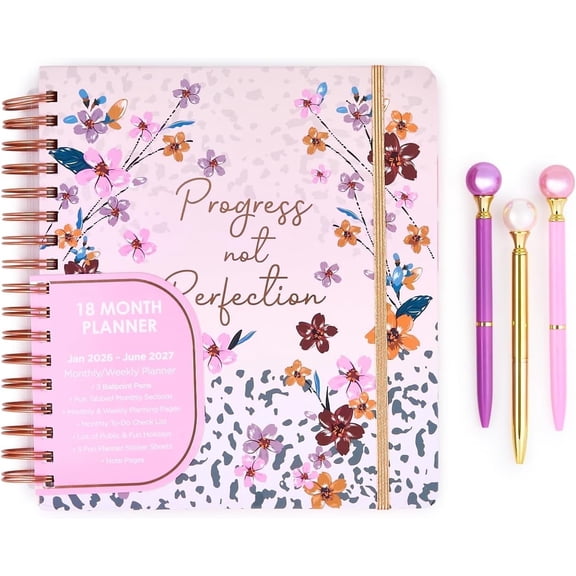 Votum 18 Month Hard Cover Planners/Calendars 10" x 10", January 2026 - June 2027 - Daily, Weekly & Monthly Organizer with Pens, Stickers, Sticky Notes, and a Sturdy Cover - Progress Not Perfection