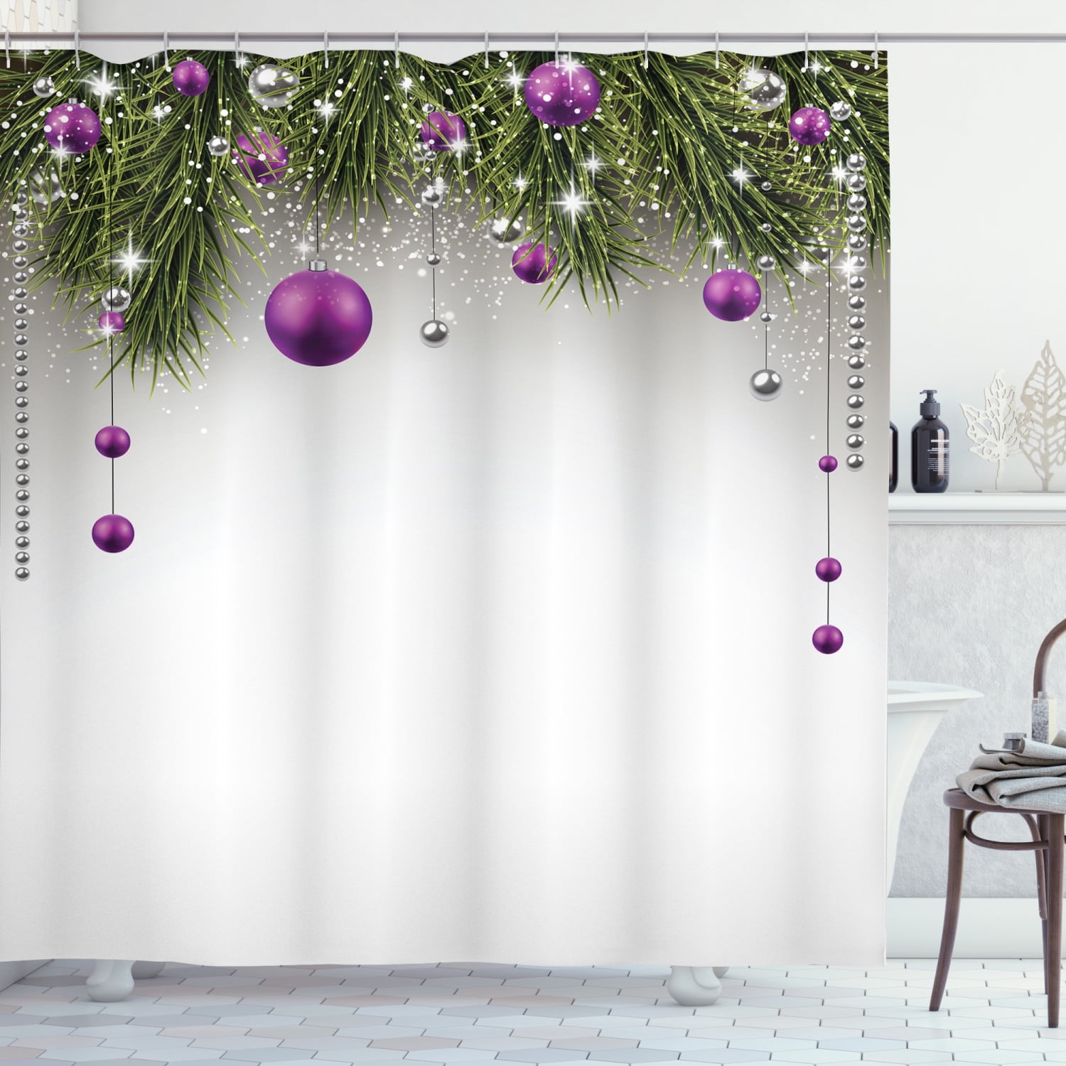 Colored Christmas Balls Fabric Shower Curtain Set 71in 12hooks & Bath Mat 